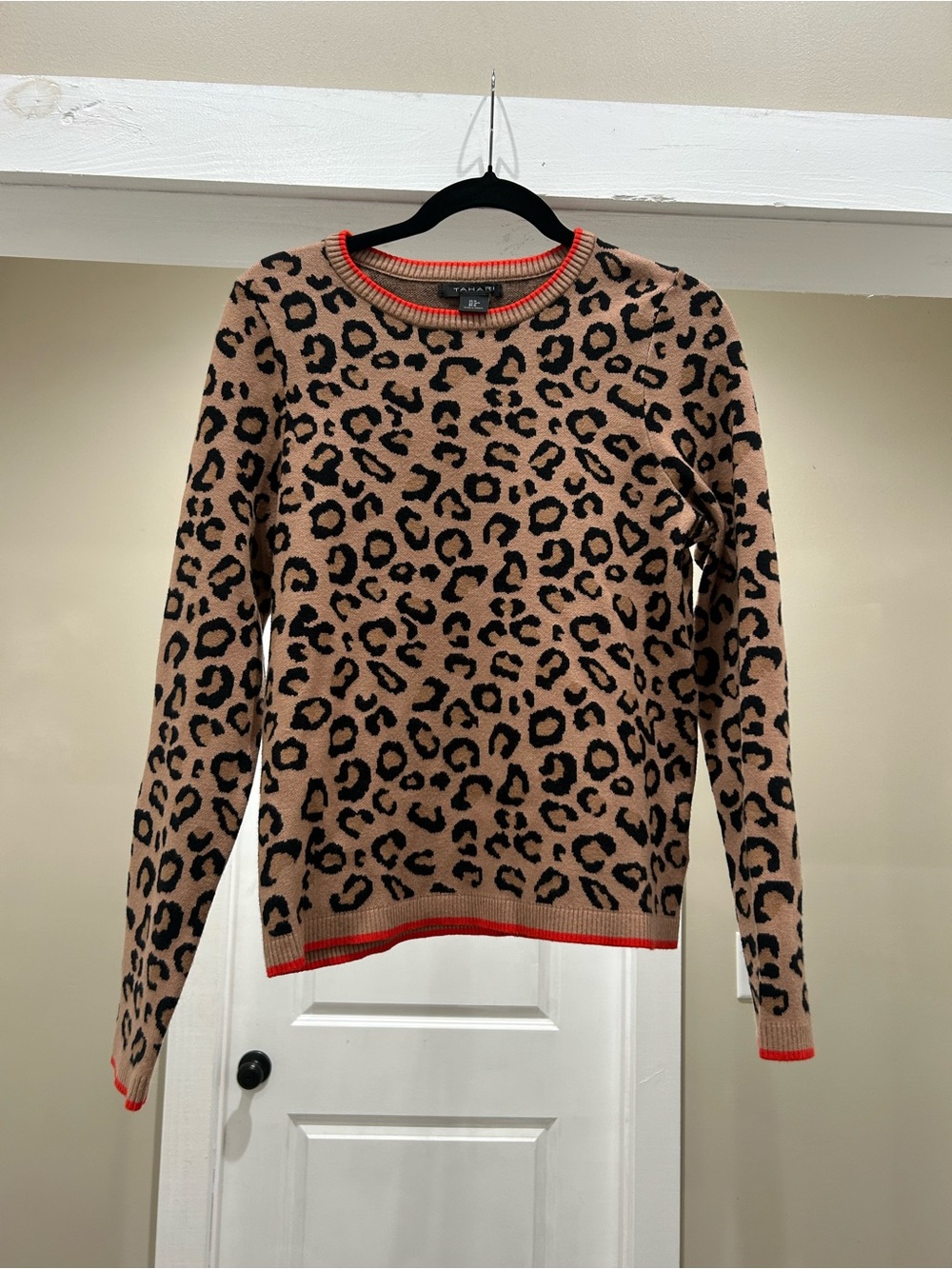 Tahari Tan Leopard Print Crewneck Sweater with Red Trim